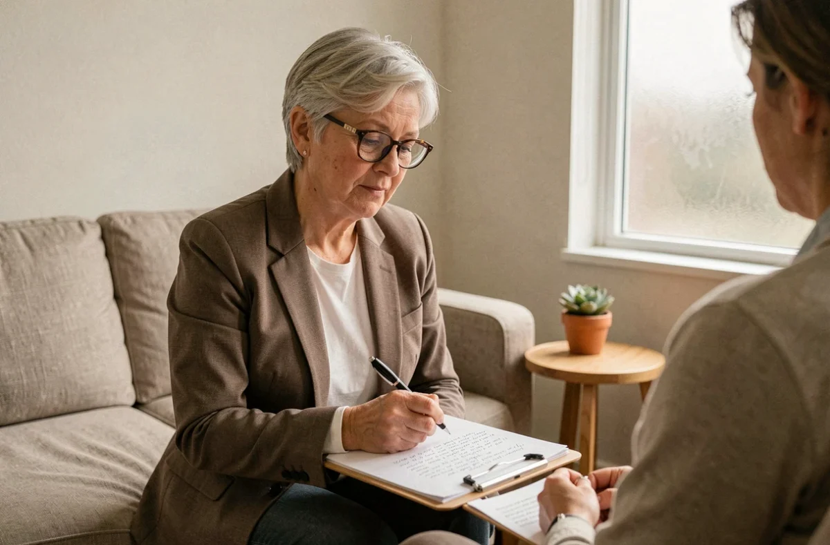 Psychiatre prenant des notes lors d'une consultation médicale pour évaluer un traitement contre le burn-out