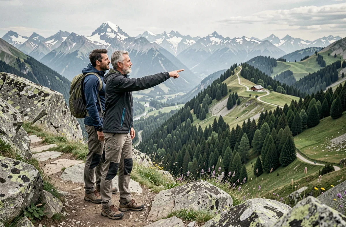 Couple de randonneurs admirant le panorama d'une vallée alpine française depuis un belvédère rocheux en montagne