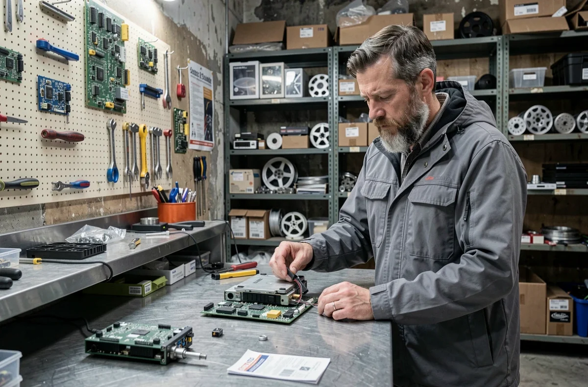 Technicien réparant un appareil électronique dans un café de réparation urbain symbolisant le principe de réutilisation de l'économie circulaire