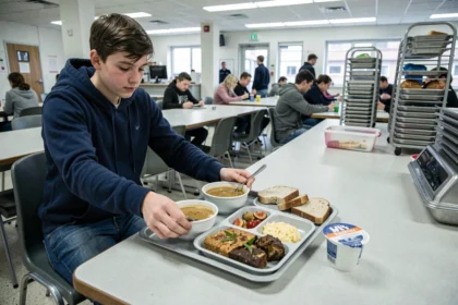 Plateau repas de demi-pension dans une cantine scolaire française avec soupe, plat principal, pain et yaourt