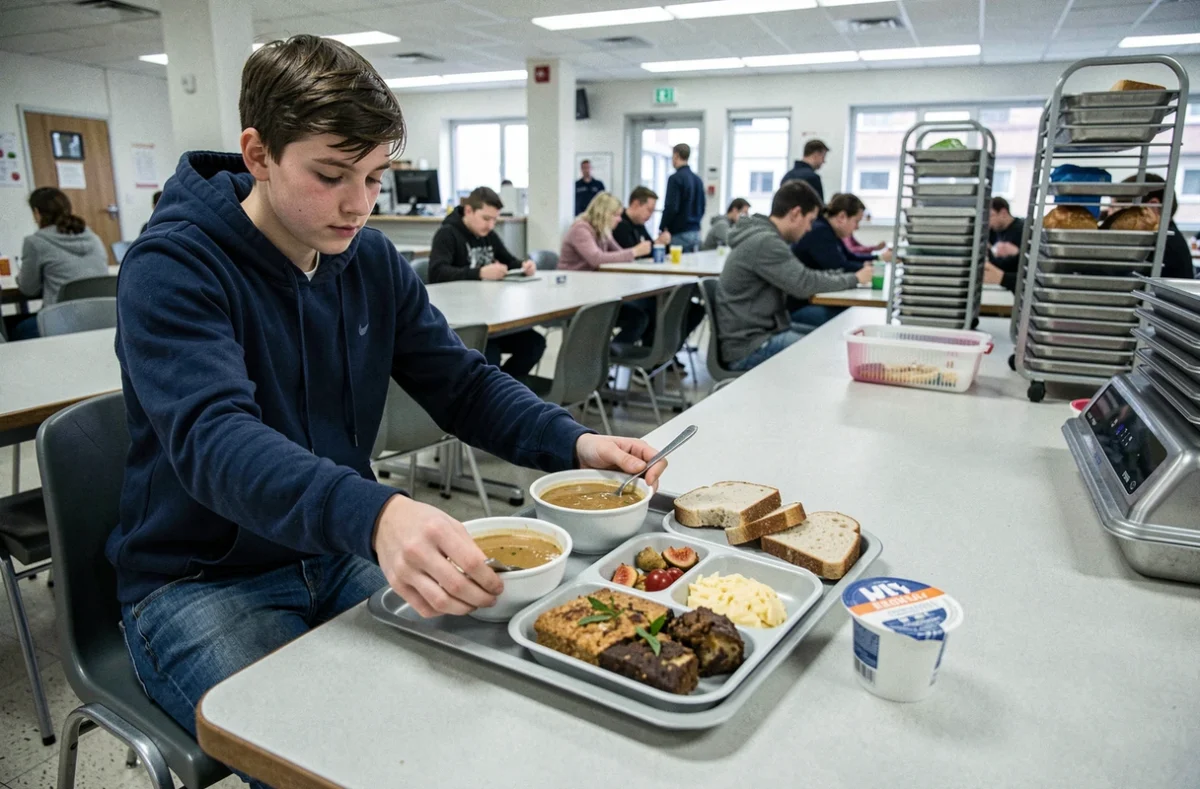 Plateau repas de demi-pension dans une cantine scolaire française avec soupe, plat principal, pain et yaourt