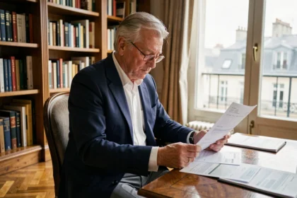 Retraité français en blazer marine consultant ses relevés de pension dans un bureau parisien classique
