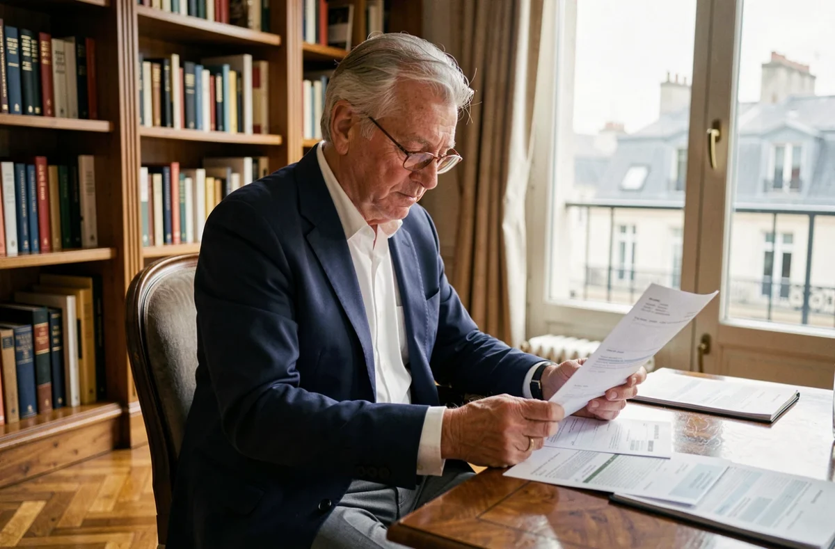 Retraité français en blazer marine consultant ses relevés de pension dans un bureau parisien classique