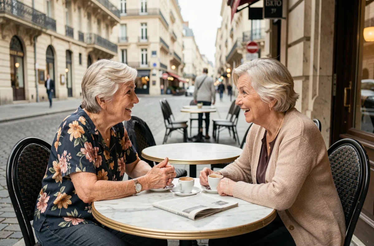 Deux retraitées françaises discutant de leur pension autour d'un café en terrasse à Lyon