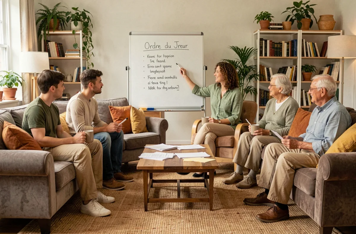 Famille multigénérationnelle réunie au salon autour d'un tableau blanc pour organiser une réunion familiale
