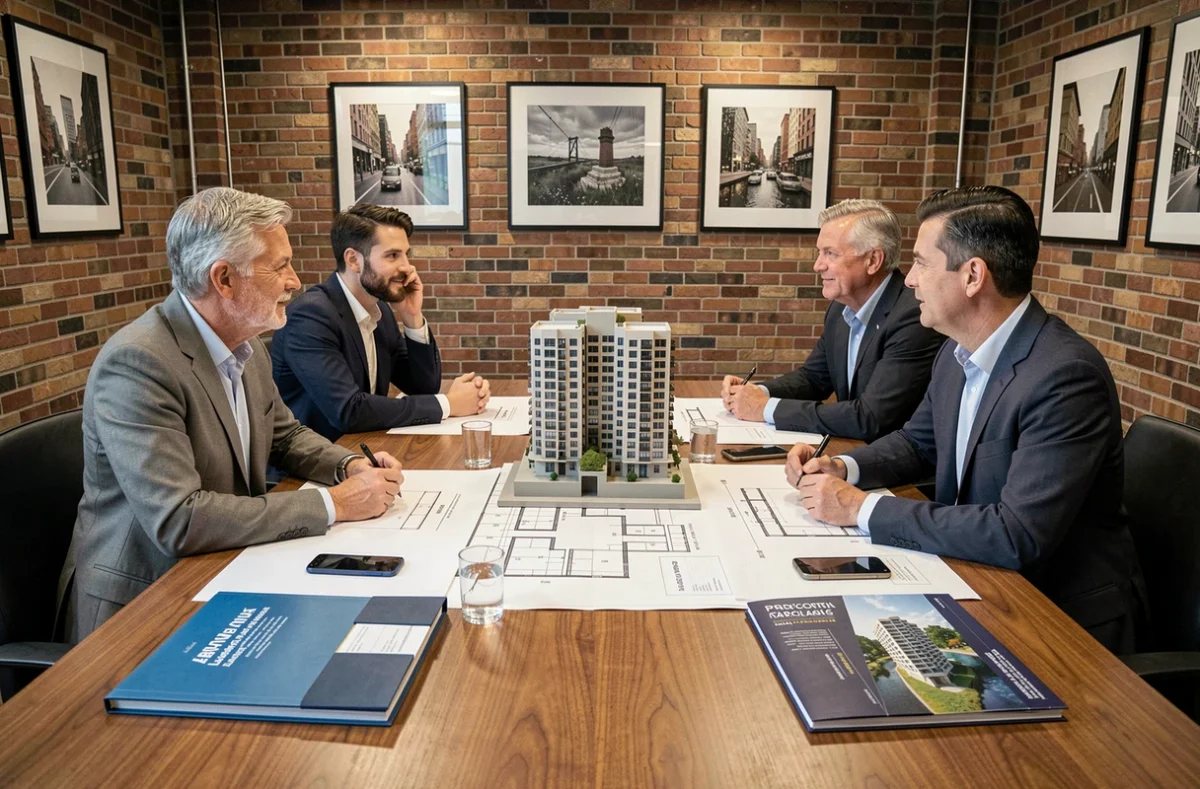 Réunion de professionnels autour d'un projet immobilier SCPI avec maquettes et documents financiers