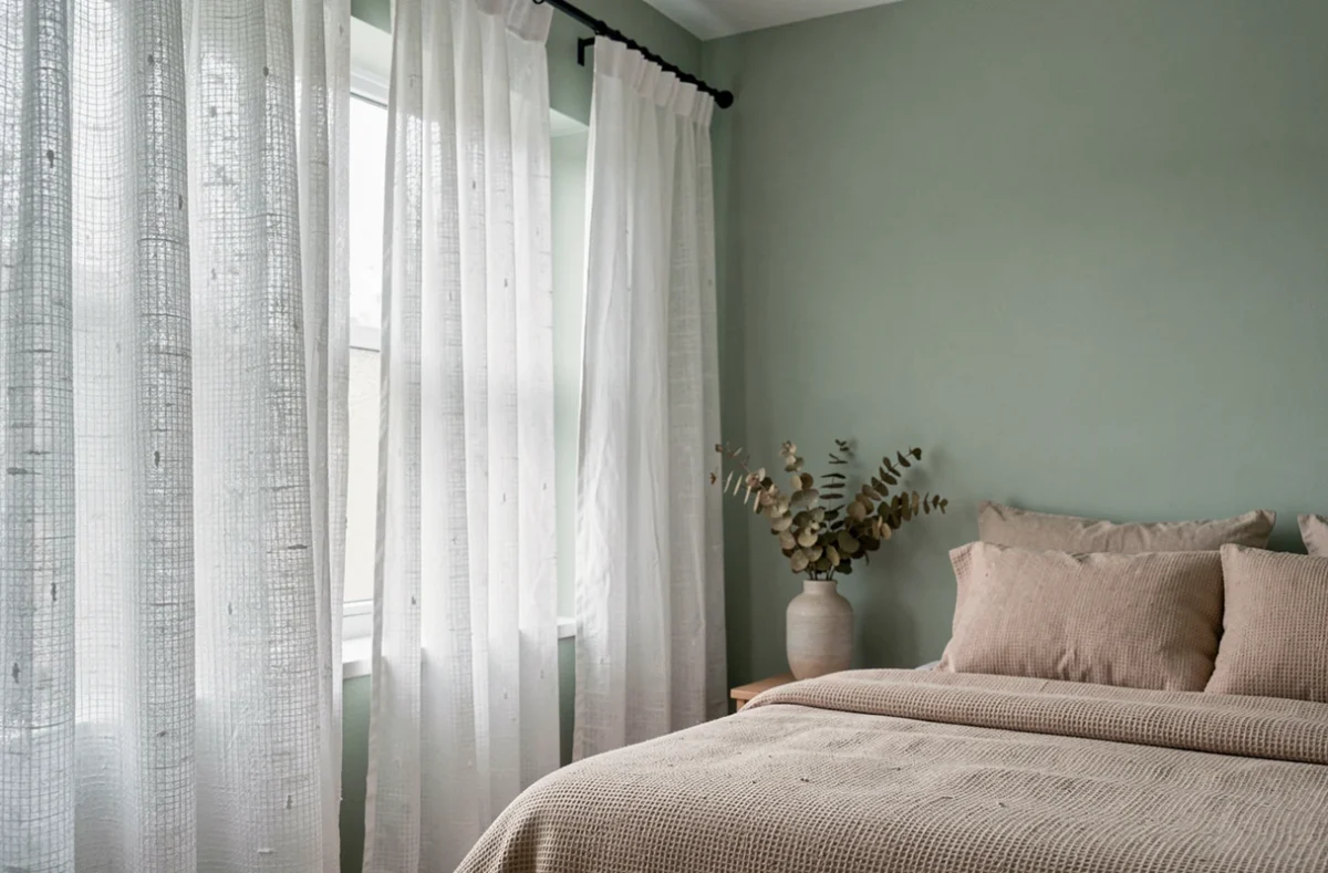 Rideau en bouclé blanc translucide style scandinave dans une chambre à coucher vert sauge tendance décoration 2026