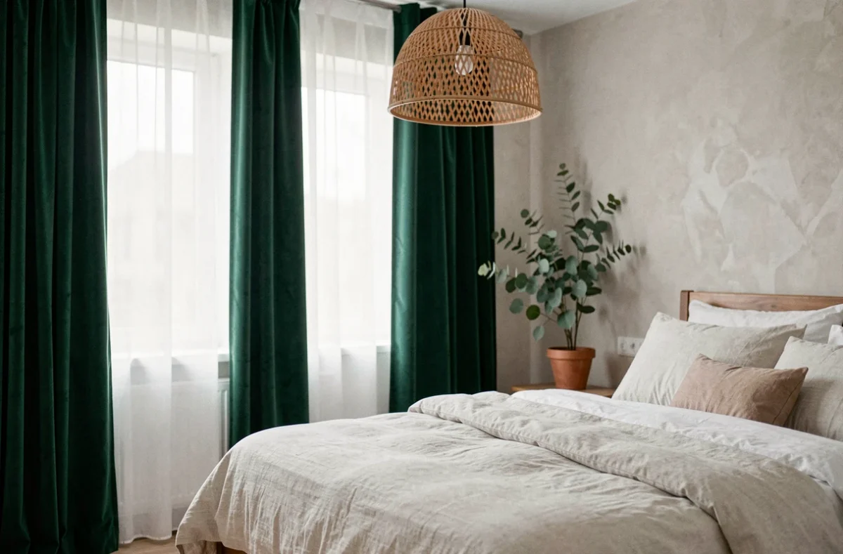 Double rideau voile blanc et velours vert forêt dans une chambre scandinave tendance 2026