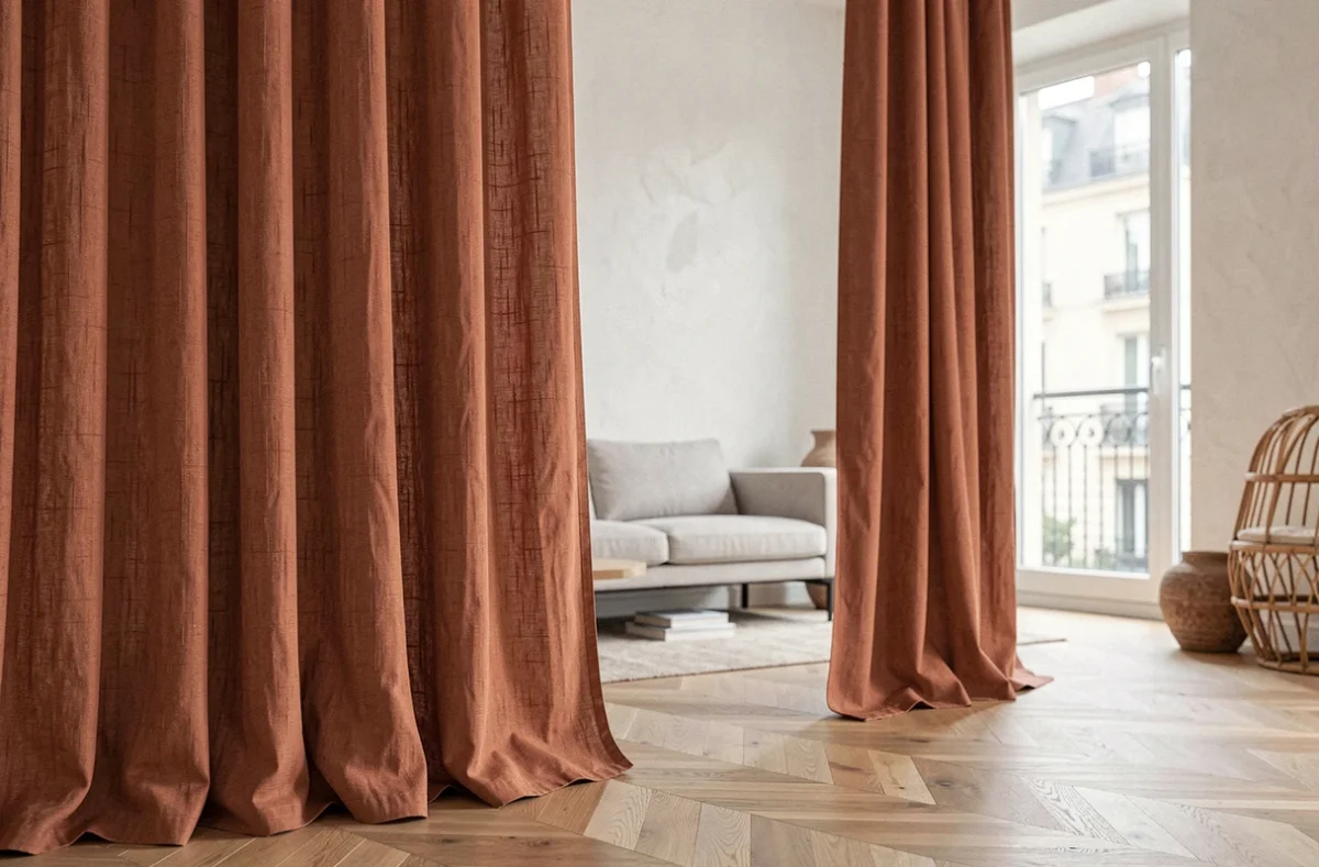 Rideau en lin naturel terracotta tendance 2026 dans un salon parisien moderne avec parquet chêne et décoration minimaliste