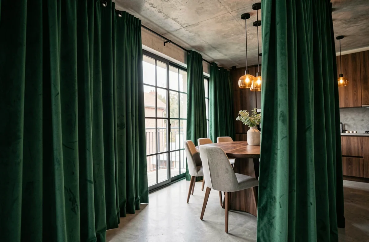 Rideau en velours vert forêt tendance 2026 dans une salle à manger contemporaine industrielle avec fenêtre acier et sol béton