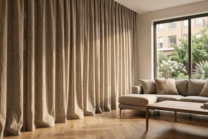Rideaux en lin greige tendance 2026 dans un salon minimaliste avec parquet chêne clair