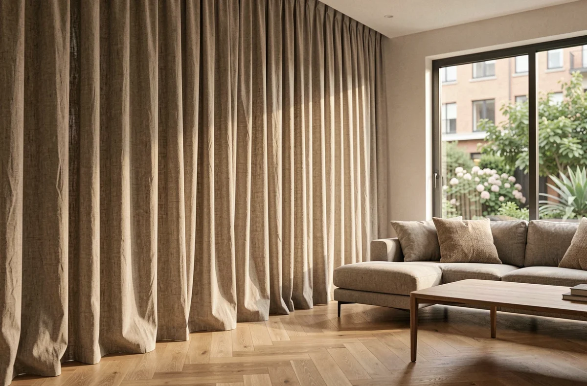Rideaux en lin greige tendance 2026 dans un salon minimaliste avec parquet chêne clair