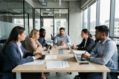 Groupe de professionnels aux origines diverses en réunion tendue autour d'une table de conférence moderne, illustrant les défis de la diversité en entreprise
