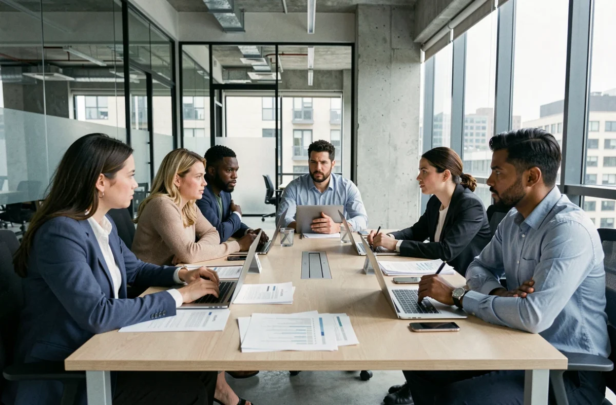 Groupe de professionnels aux origines diverses en réunion tendue autour d'une table de conférence moderne, illustrant les défis de la diversité en entreprise