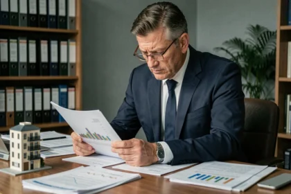 Homme d'affaires analysant les risques d'un investissement en SCPI sur des documents financiers à son bureau