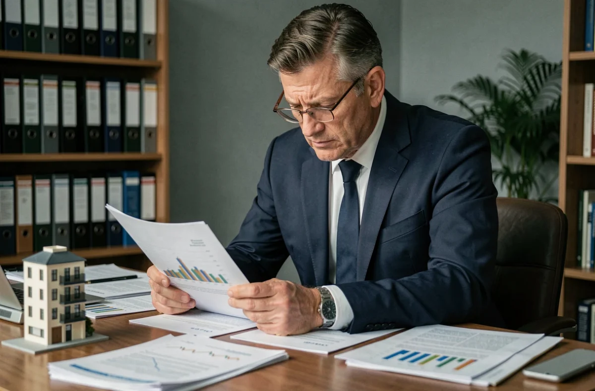 Homme d'affaires analysant les risques d'un investissement en SCPI sur des documents financiers à son bureau