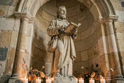 Statue ancienne de saint Luc dans une église médiévale entourée de bougies votives et d'offrandes florales, saint patron des guérisseurs