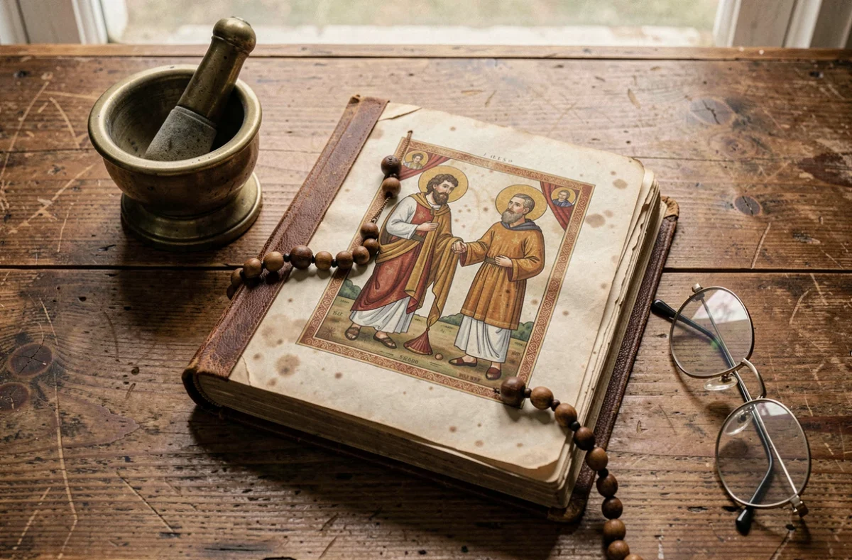 Livre de prières ancien ouvert sur une illustration des saints Côme et Damien patrons des médecins posé sur un bureau en chêne avec mortier et chapelet