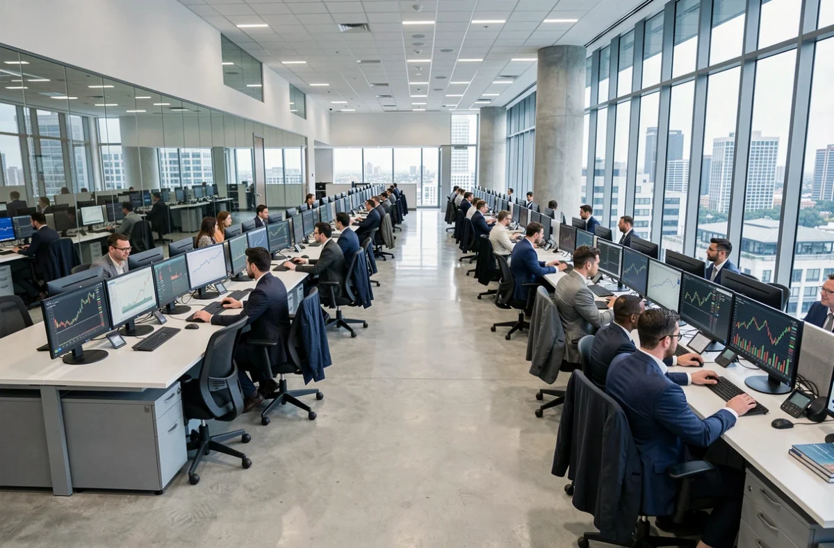 Salle de trading d'une grande banque internationale avec des analystes financiers travaillant sur des écrans de données