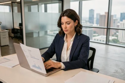 Une femme professionnelle consulte ses documents bancaires en ligne sur un ordinateur portable dans un bureau moderne, illustrant la sécurité de la banque Boursorama