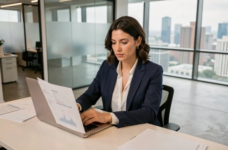 Une femme professionnelle consulte ses documents bancaires en ligne sur un ordinateur portable dans un bureau moderne, illustrant la sécurité de la banque Boursorama