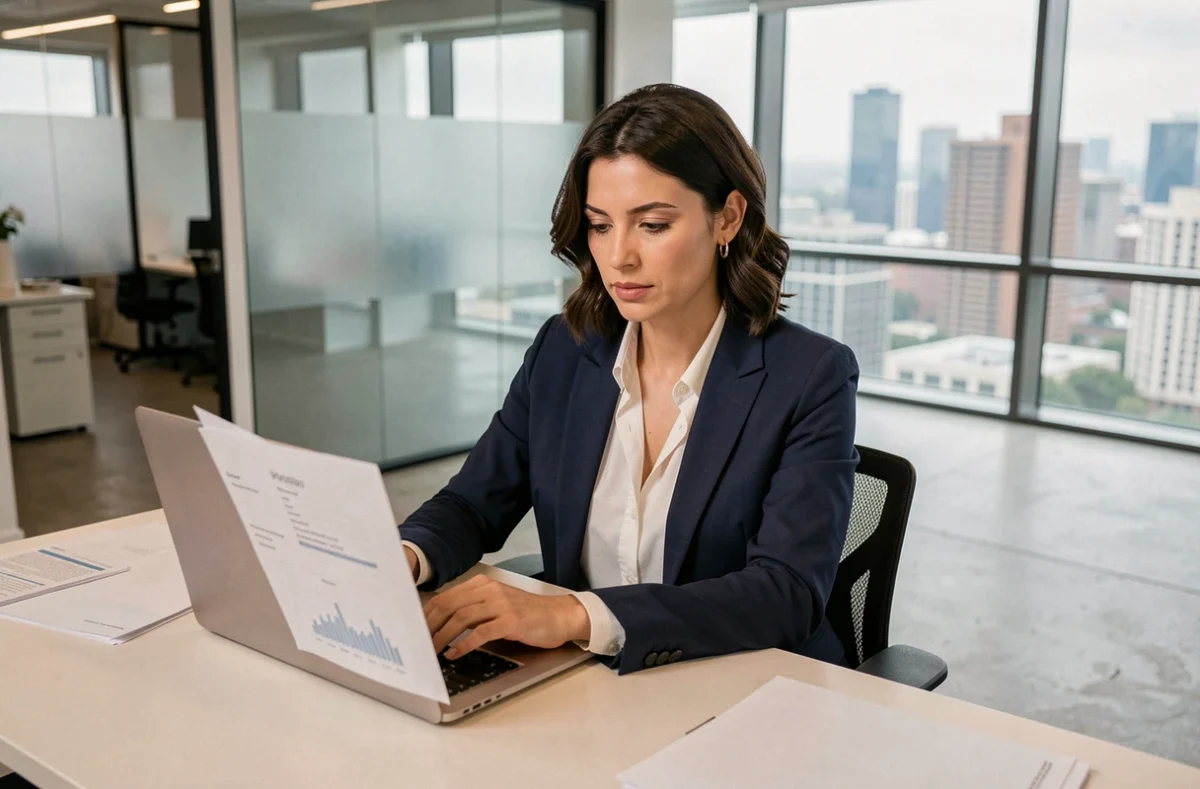 Une femme professionnelle consulte ses documents bancaires en ligne sur un ordinateur portable dans un bureau moderne, illustrant la sécurité de la banque Boursorama