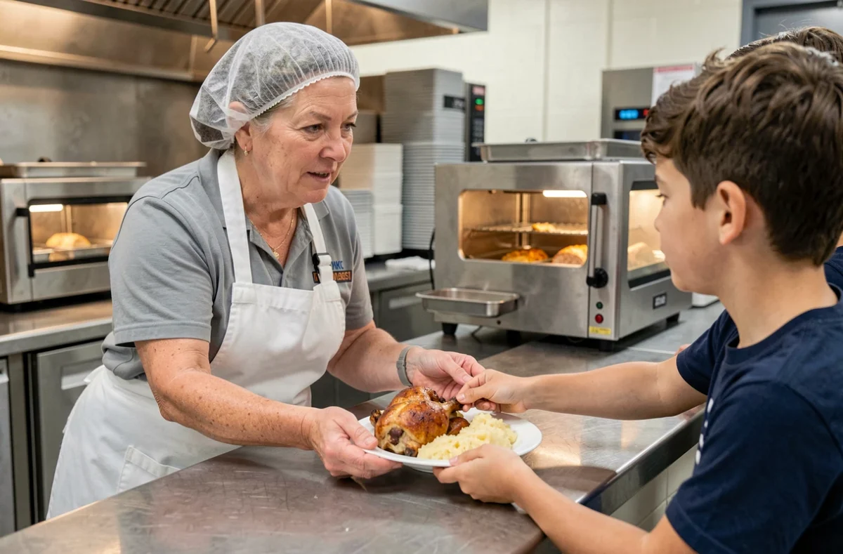 Agent de restauration scolaire servant un repas chaud à un élève au comptoir de la cantine en demi-pension
