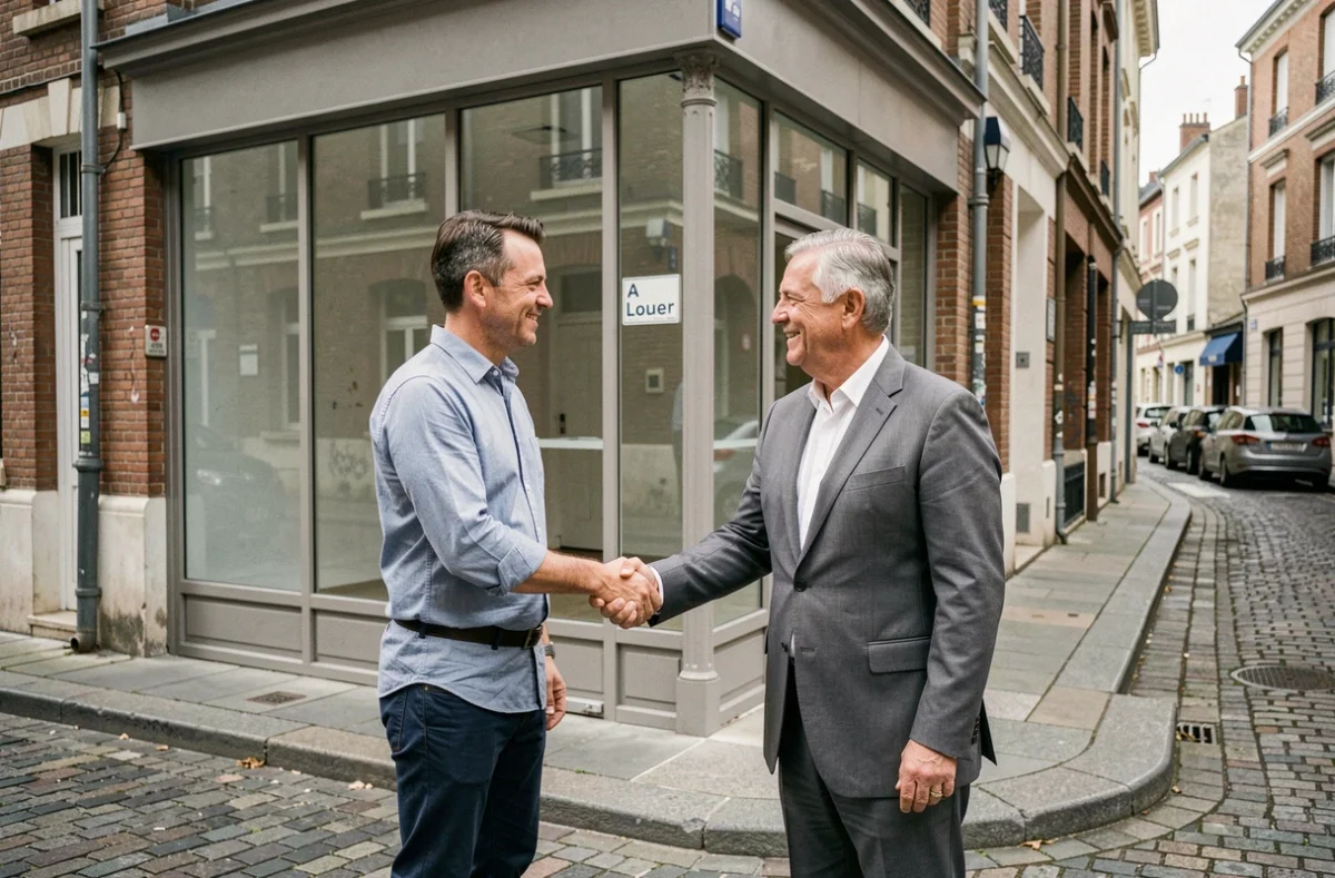 Propriétaire et locataire signant un accord devant un local commercial à louer en milieu urbain
