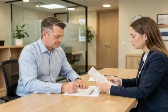 Un homme d'âge mûr signe des documents hypothécaires avec une conseillère bancaire dans un bureau moderne