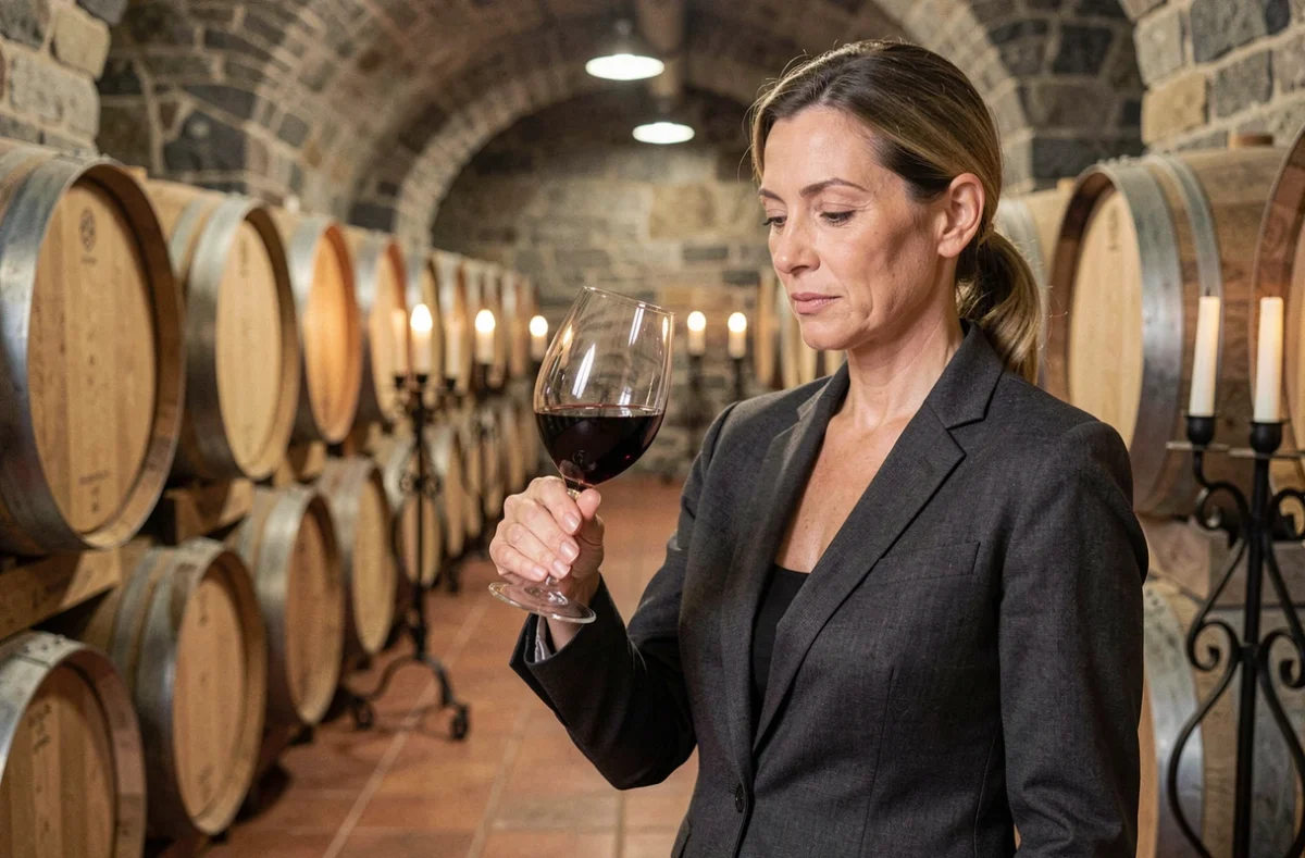 Sommelière examinant un verre de vin rouge dans une cave à vins traditionnelle, symbolisant la culture gastronomique française
