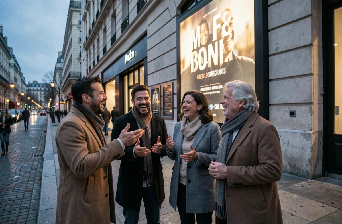 Groupe d'amis devant une salle de spectacle parisienne avec affiche d'événement illuminée