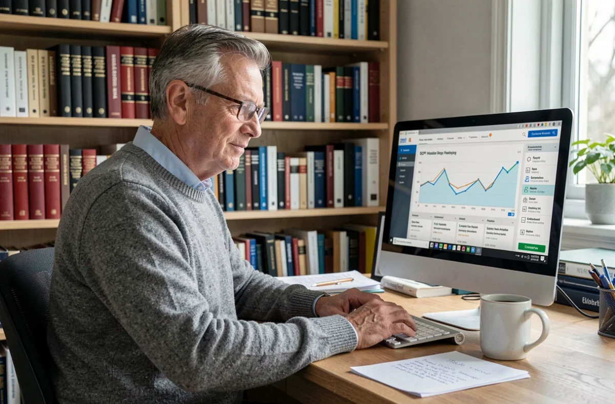 Homme mature souscrivant à une SCPI depuis son bureau à domicile entouré de livres financiers