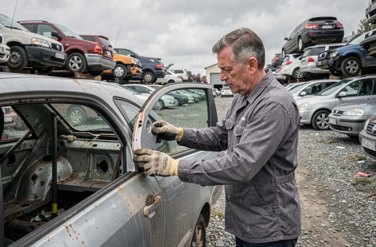 Spécialiste en démontage automobile récupérant des pièces sur une voiture en bon état dans une casse automobile