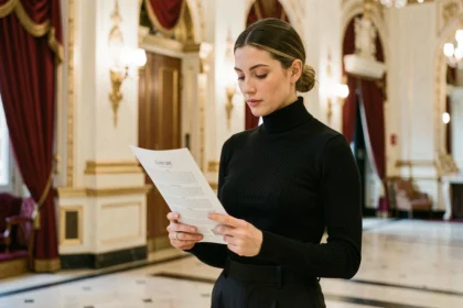 Femme consultant un programme de théâtre dans le hall d'un opéra parisien aux décors dorés