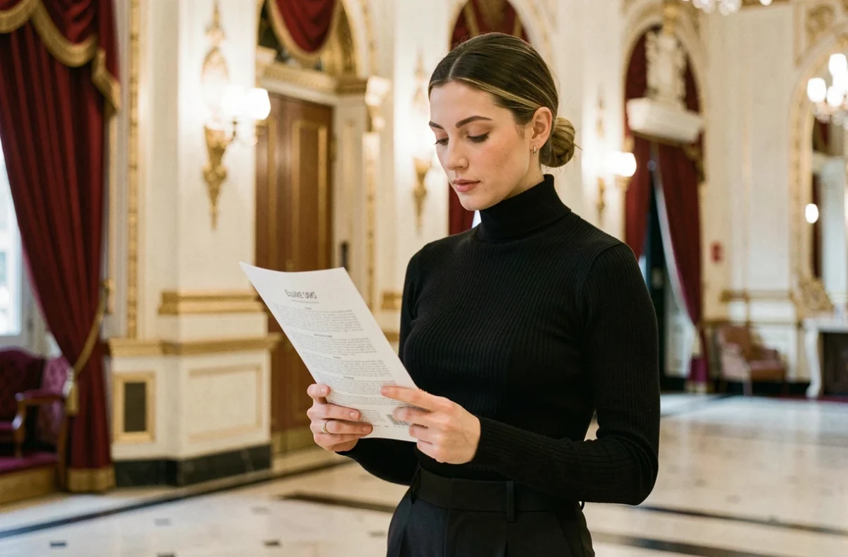 Femme consultant un programme de théâtre dans le hall d'un opéra parisien aux décors dorés