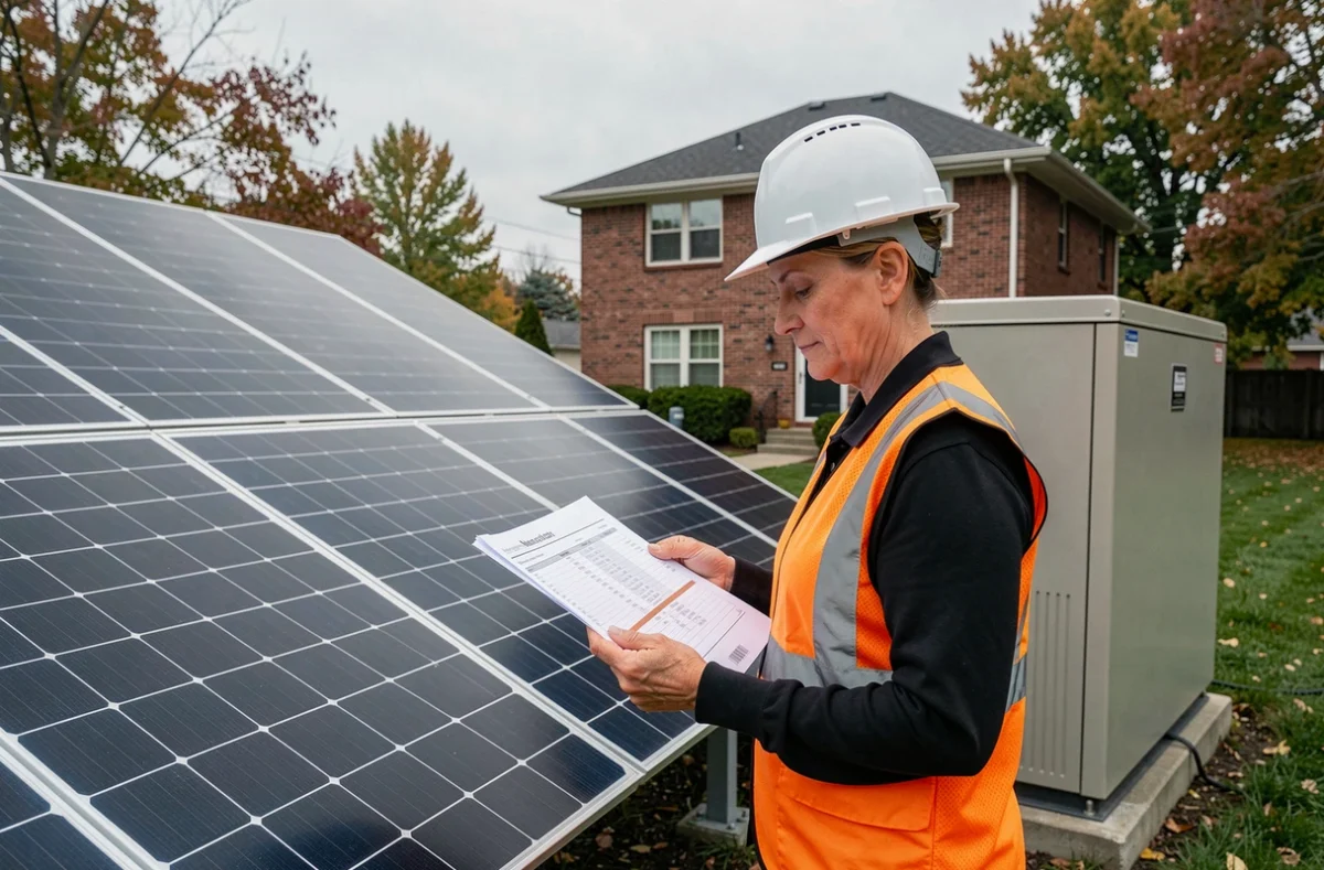 Technicienne inspectant un système de panneaux solaires couplé à un stockage d'énergie résidentiel dans un jardin pavillonnaire