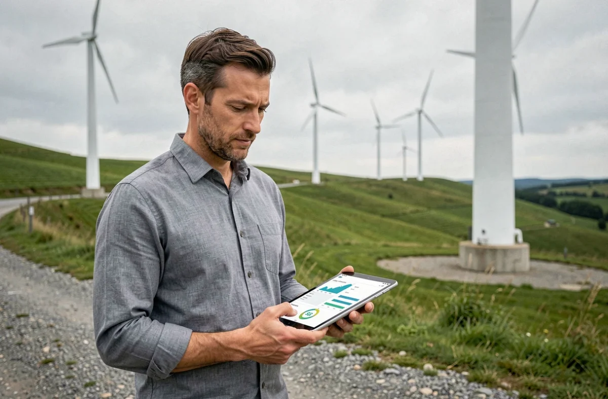 Ingénieur consultant des données ESG sur tablette devant des éoliennes dans un site d'énergie renouvelable