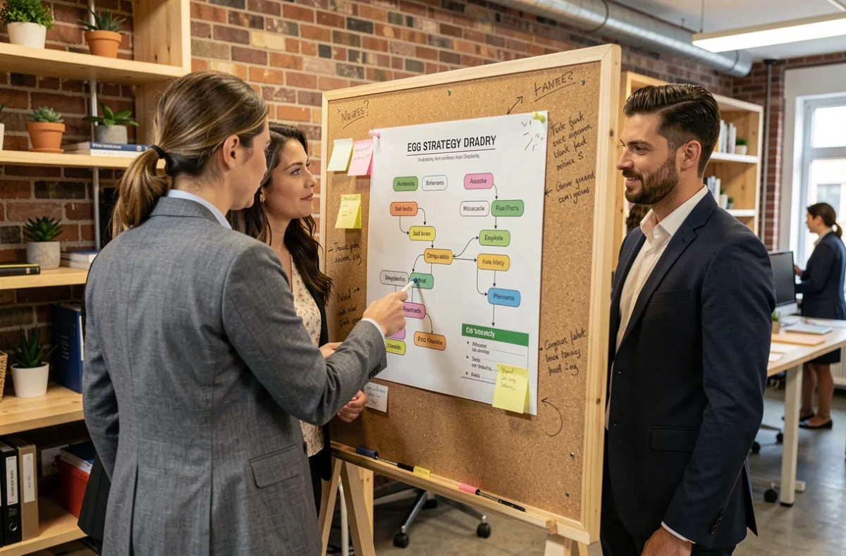 Équipe de professionnels analysant une feuille de route de stratégie ESG affichée sur un tableau dans un espace de coworking