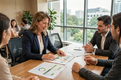 Femme cadre analysant des rapports de stratégie ESG lors d'une réunion d'entreprise dans un bureau moderne