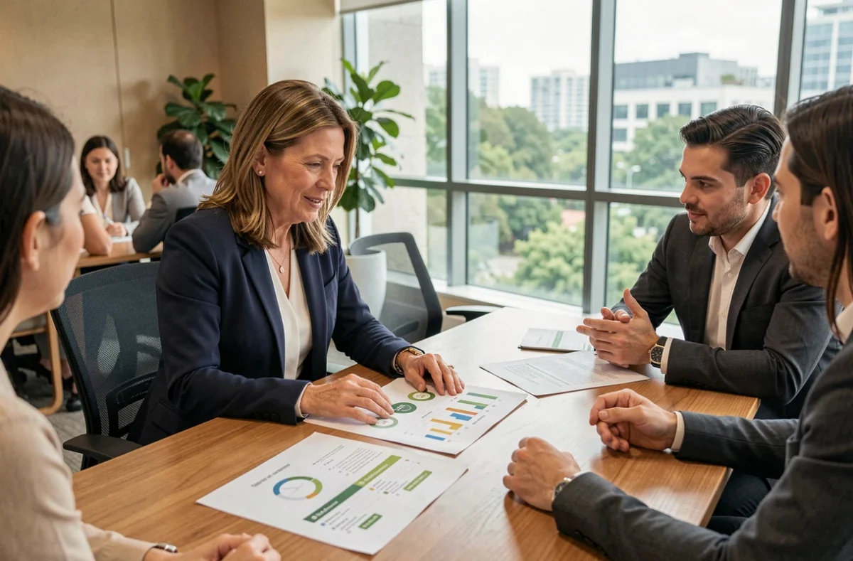 Femme cadre analysant des rapports de stratégie ESG lors d'une réunion d'entreprise dans un bureau moderne