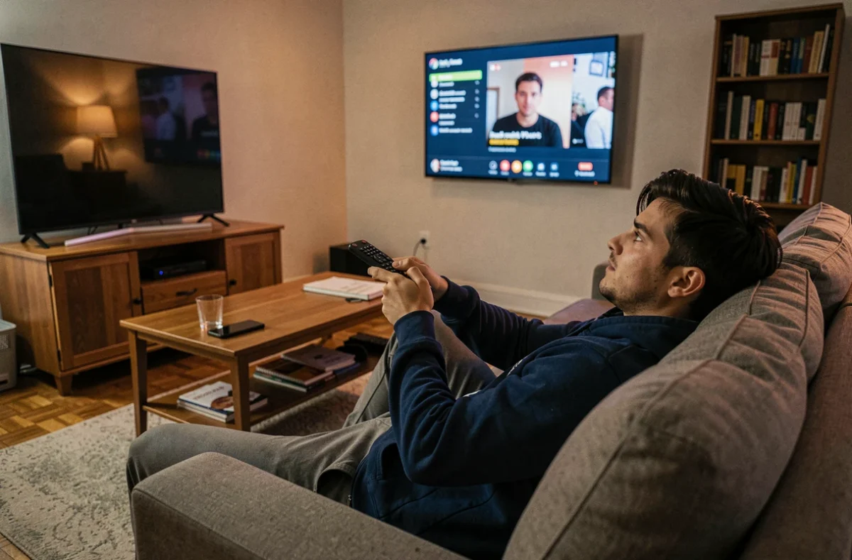 Jeune homme regardant du contenu en streaming sur un téléviseur dans son salon, représentant la consommation vidéo numérique et son impact environnemental