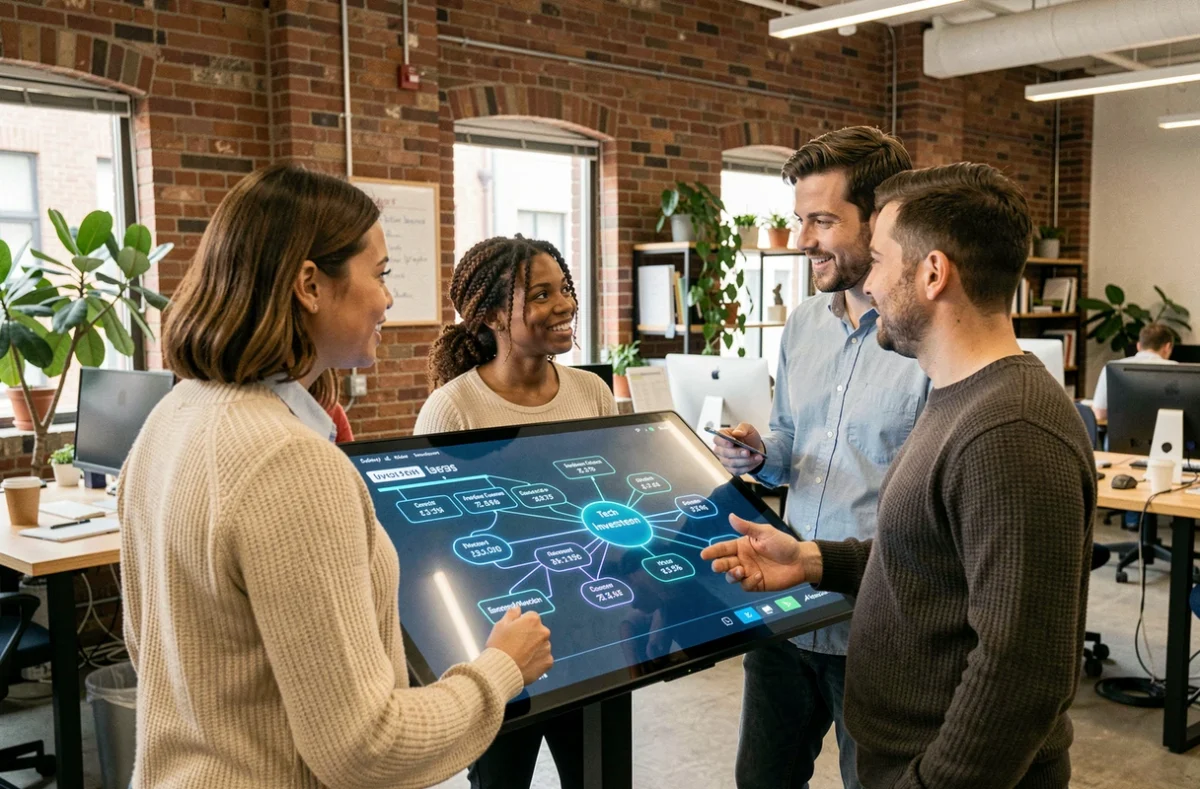 Équipe de professionnels analysant un organigramme des investisseurs d'OpenAI sur un écran interactif dans un bureau moderne, représentant les actionnaires de ChatGPT
