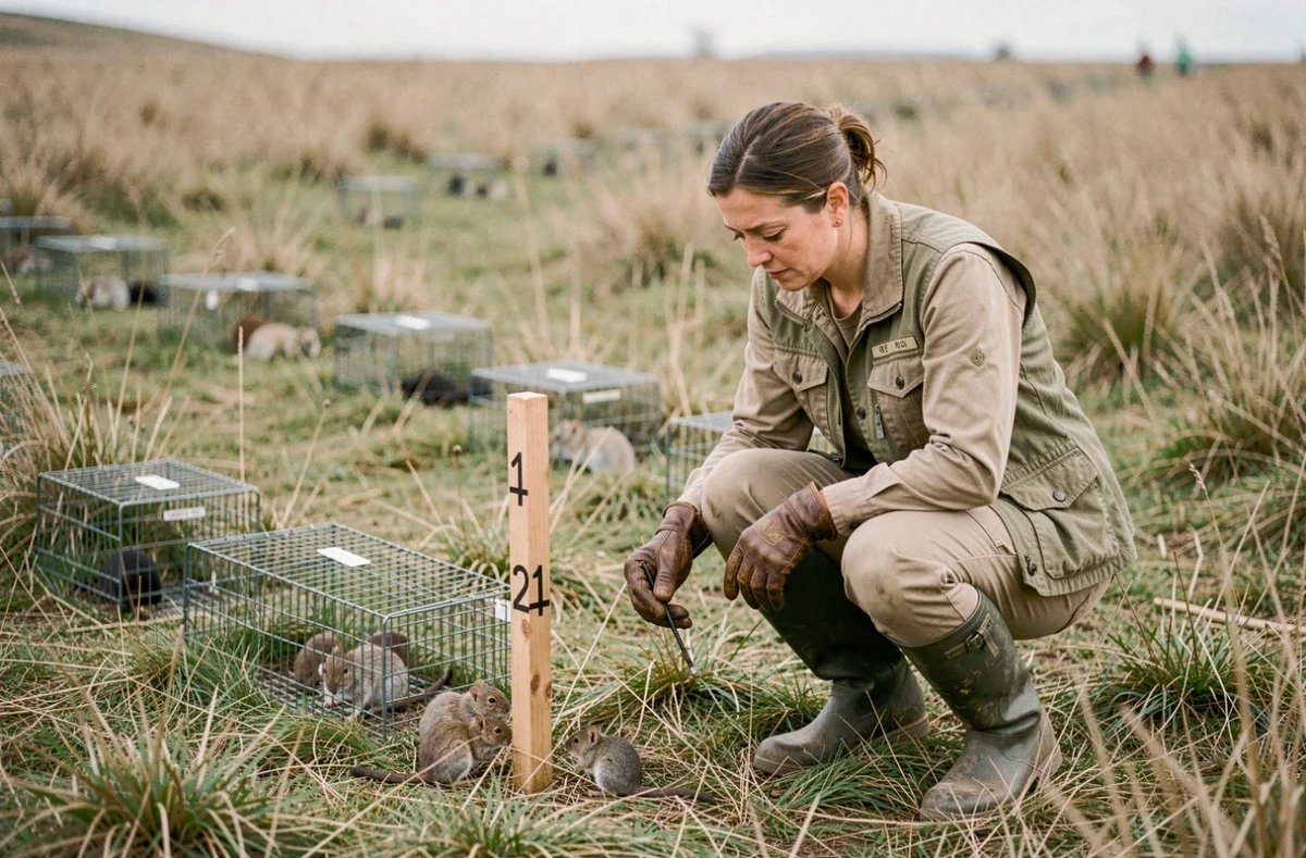 Biologiste de terrain comptant des petits mammifères dans un dispositif de suivi de population en prairie ouverte