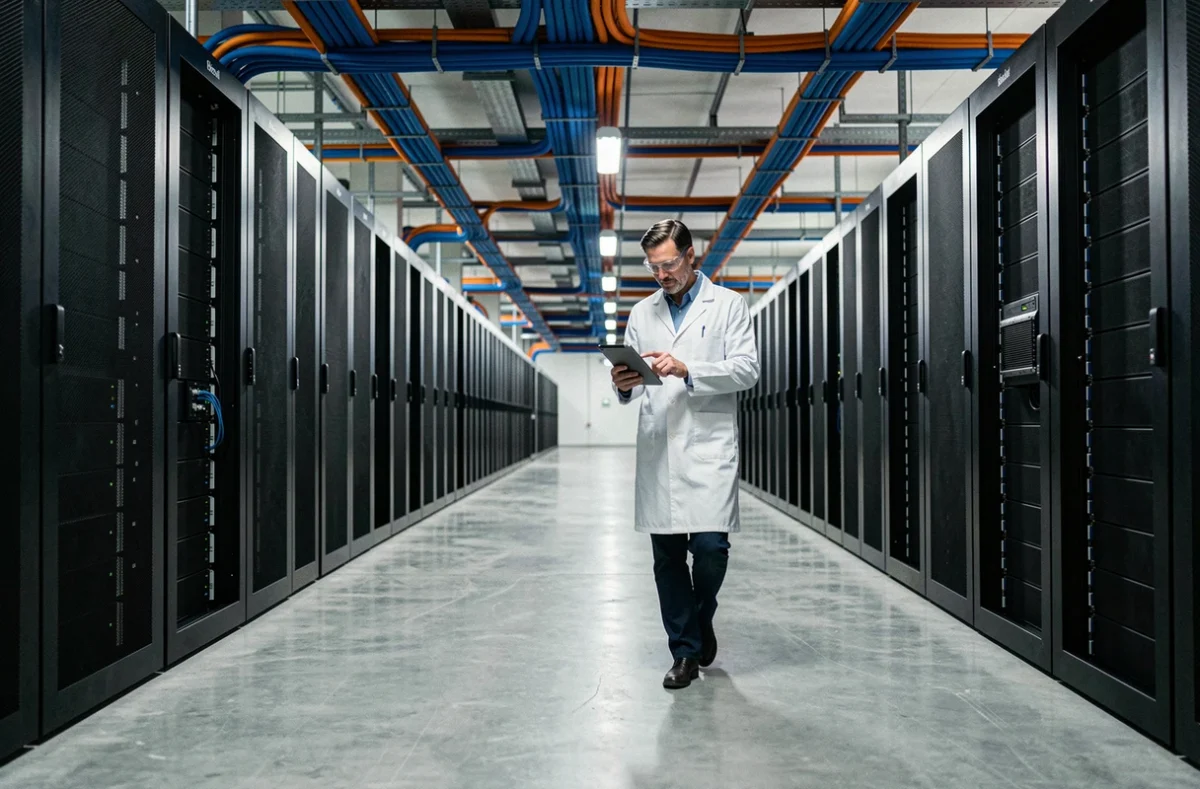 Technicien inspectant les serveurs d'un superordinateur dans un grand centre de données