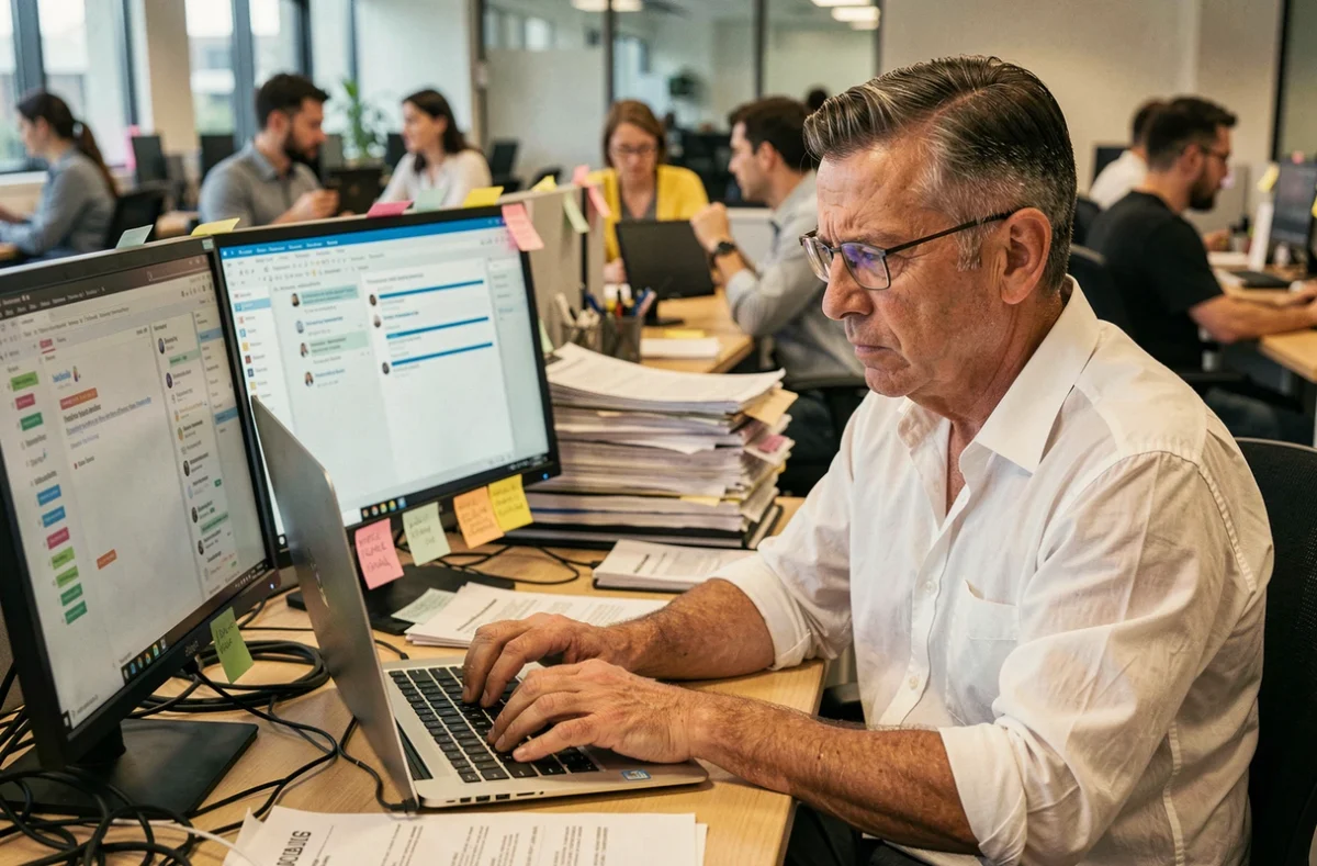 Homme d'âge moyen surchargé d'informations numériques dans un bureau moderne, symbolisant la surcharge cognitive liée aux technologies