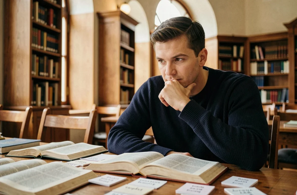 Homme consultant des dictionnaires dans une bibliothèque pour trouver un synonyme neutre du mot joli