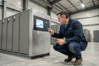 Ingénieur examinant un système de stockage d'énergie par batteries lithium-ion dans un entrepôt industriel moderne