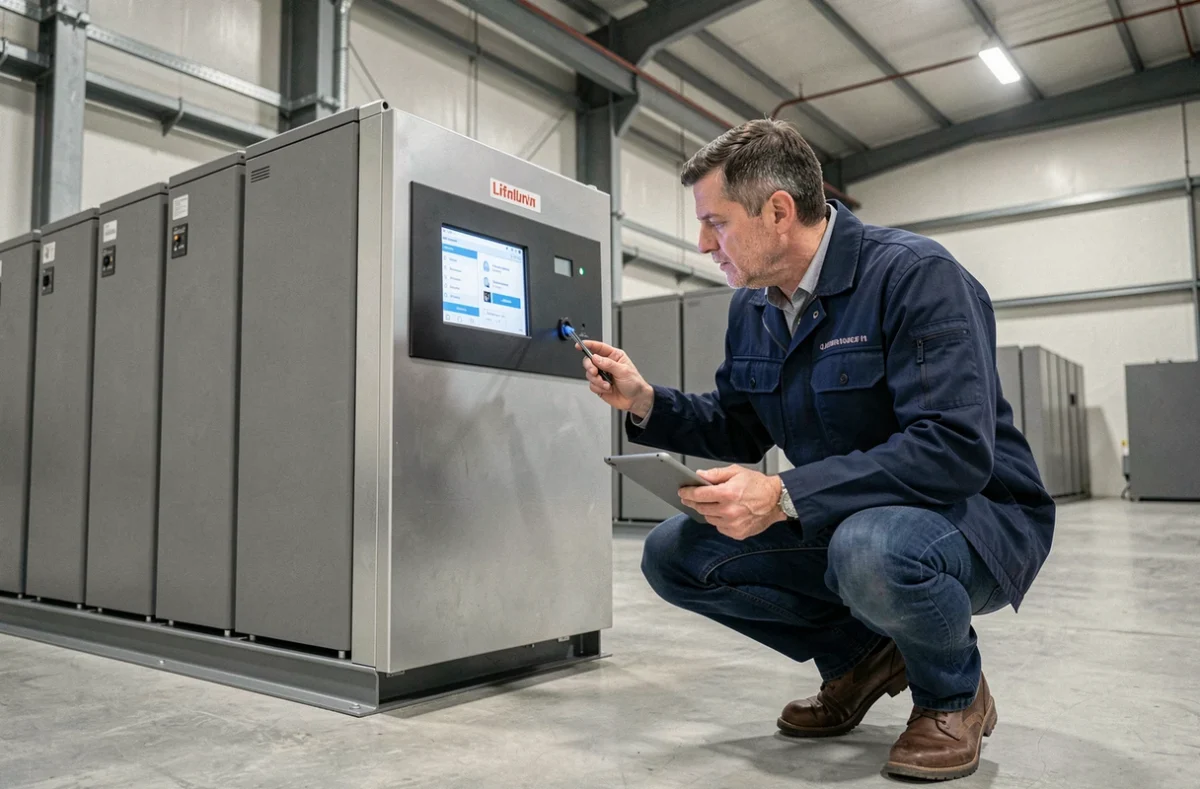 Ingénieur examinant un système de stockage d'énergie par batteries lithium-ion dans un entrepôt industriel moderne