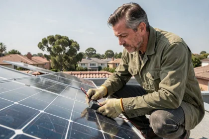 Technicien inspectant des panneaux solaires sur un toit résidentiel pour évaluer la puissance d'une installation autonome en électricité