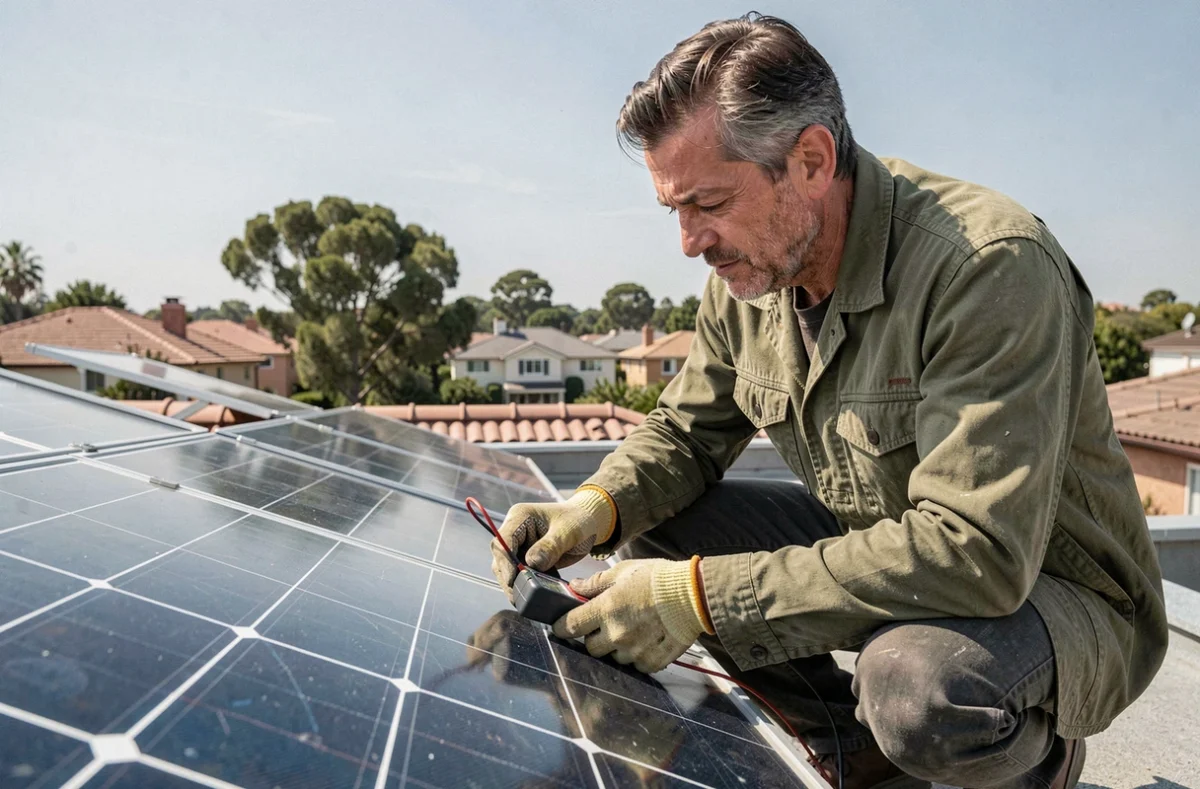 Technicien inspectant des panneaux solaires sur un toit résidentiel pour évaluer la puissance d'une installation autonome en électricité